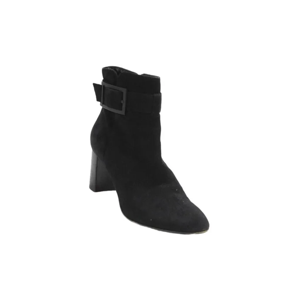 Aquatalia Womens Leather Buckled Detail Heeled Ankle Boots Solid Black Size 8